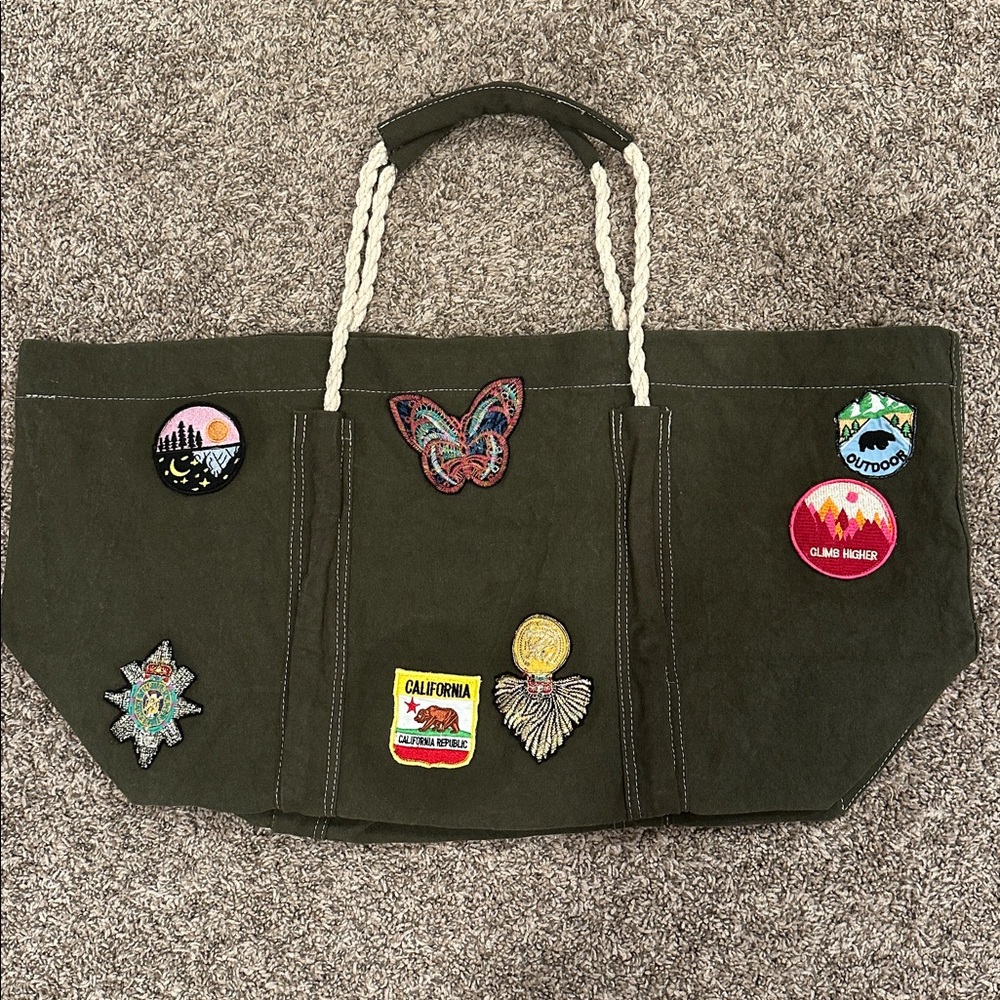 Free People Been There Patch Badge Olive Green Canvas Tote Bag - Picture 5 of 7